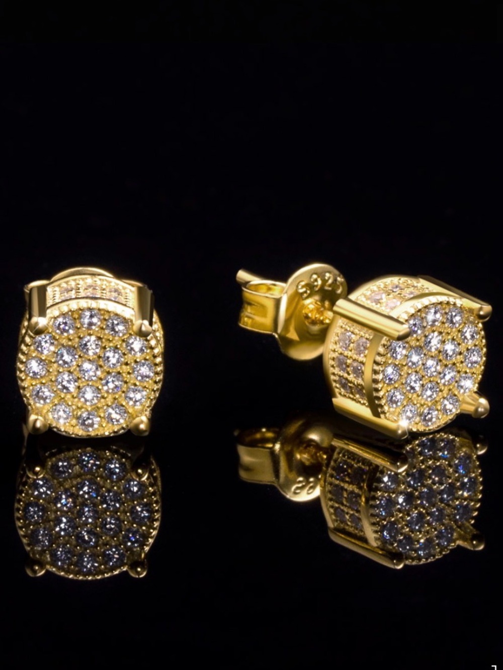 Gold Plated Round Pavé Stud Earrings with Clear CZ’s. New. - Picture 2 of 11